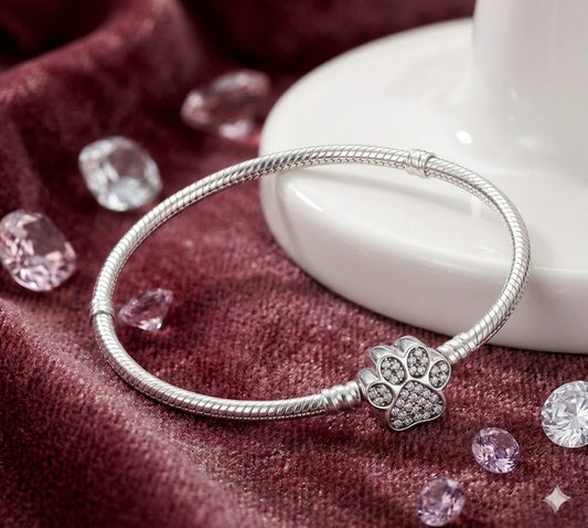 Pulsera de plata de ley tipo pandora de y charm de huella en plata de ley y circonitas de colores