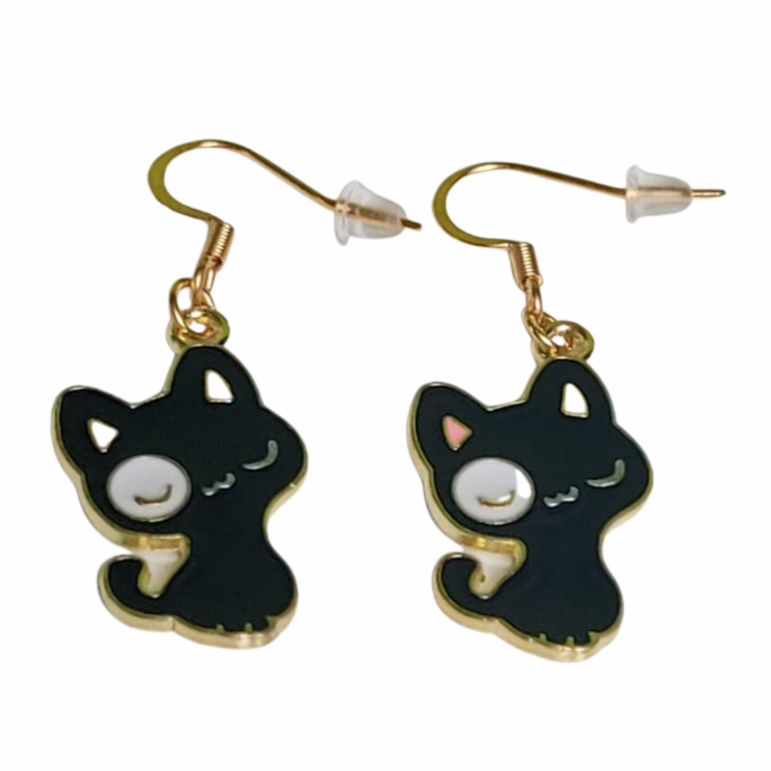 Pendientes de gatito en color negro con orejitas rosas. Bisutería preciosa.